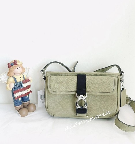 Borsa a tracolla Coach Beck slim in morbida pelle di ciottoli argento verde muschio nuova con etichetta cm335
