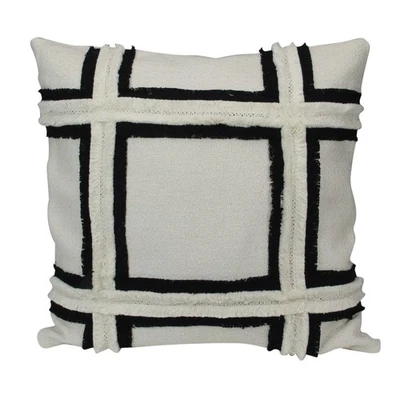 Melrose 17" Ivory and Black Grid Fringe Square Throw Pillow - Image 1 of 3