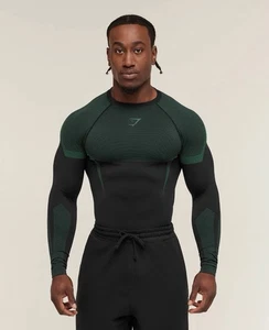 Gymshark- Onyx 5.0 Seamless Long Sleeve T-Shirt - Black/Lift Green - Large - Picture 1 of 3
