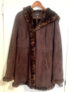 Jones New York Women's Faux Suede W/Faux Mink Lining Hooded Coat-Brown-Sz Large - Picture 1 of 11