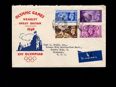 Great Britain FDC July 29 1948 Olympics Set Glasgow First Day Cover to Kansas 7m - Image 1 of 2