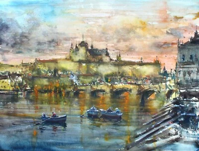 CITYSCAPE LANDSCAPE PAINTING WATERCOLOR ORIGINAL PRAGUE CASTLE RIVER 11x16 in - Image 1 of 4