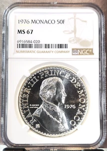 1976 MONACO SILVER 50 FRANCS RAINIER III ANNIVERSARY NGC MS 67 RARE GEM BU - Picture 1 of 3