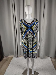 Abito Camicia Blusa Elasticizzata Scollo V Geometrico Blu e Nero Emma & Michele Taglia L - Foto 1 di 12