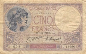 France 5 Francs 7.12.1923 Series J Circulated Banknote K25T - Picture 1 of 2