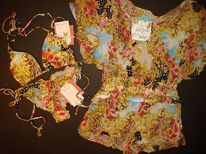 NWT Luli Fama S BIKINI+romper/jumpsuit SUPER SEXY 60's yellow pink POPPY crystal - Picture 1 of 7