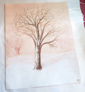 HUILE SUR BRISTOL  ROSE-MARIE de WOUTERS  "L'ARBRE SOUS LA NEIGE" SIGNÉE EN BAS  - Bild 1 von 3