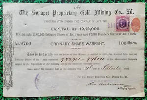 Inde & Royaume Uni - Compagnie Minière Coloniale Anglaise (Mines d'Or) de 1890 - Picture 1 of 2