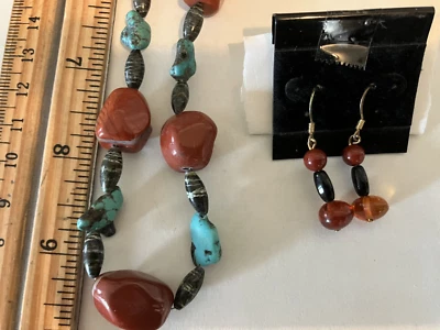 Gargantilha de colar com brincos âmbar turquesa cornalina árvore ágata jaspe vermelho - Imagem 1 de 4