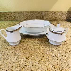 NORITAKE BUCKINGHAM White Floral Platinum Trim Serving Bowl Platter Cream Sugar - Picture 1 of 16