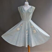 VTG 50s Dress Blue Brocade Pleated Bodice Velvet Rose Applique Rhinestones S