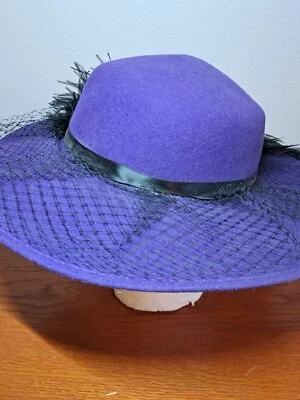 Vtg Purple Doeskin Wool Felt Hat Black Feather NetDerby Party Cosplay Church USA - Image 1 of 4