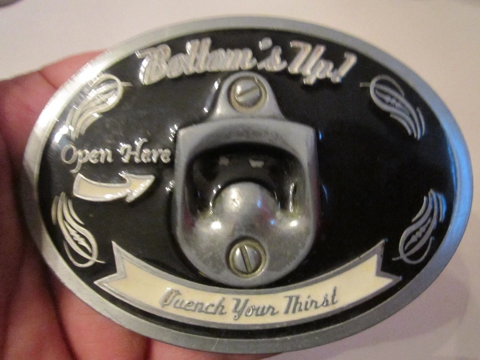VINTAGE BOTTOM'S UP QUENCH YOUR THIRST BELT BUCKLE BUILT IN BOTTLE OPENER  GW-9 - Image 1 of 4