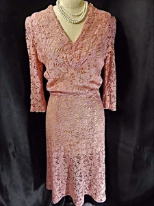 1940's Vintage LACE DRESS~Pink Blush Sheer SHEATH A-LINE RUCHING V-NECK 34B 26W - Picture 1 of 1