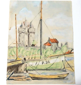 St Malo Bateaux au Port et La Tour Solidor Aquarelle Circa 1940 - Picture 1 of 3