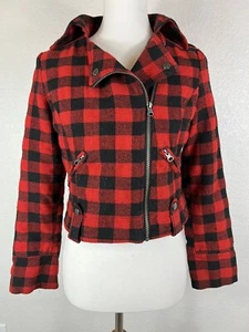 Beverly Hills Polo Club Women's Sz M Red & Black Plaid Moto Jacket 30% Wool - Picture 1 of 11