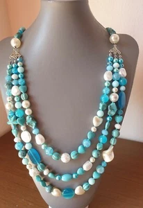 ❤🧡STUPENDA COLLANA DONNA PIETRE DURE TURCHESE, AGATA, PERLE, RESINA PERLIZZATA  - Foto 1 di 17