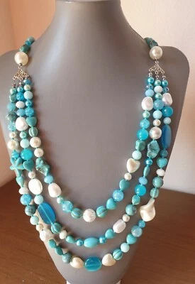 💎 COLLANA DONNA PIETRE DURE TURCHESE,AGATA, PERLE, RESINA PERLIZZATA. MULTIFILO - Immagine 1 di 4