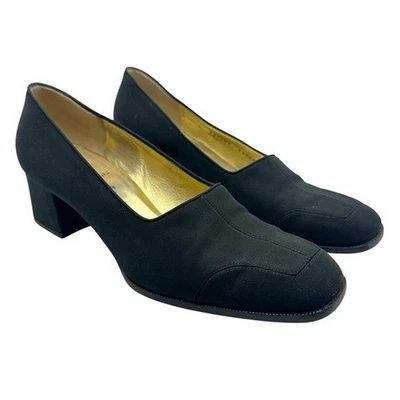 Bruno Magli Mujer’s 9 B Vintage Años 90 Tacones Nylon Cuero Zapatos Negro Puntera Cuadrada Foto 1 de 4
