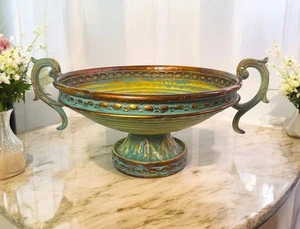 Grecian Inspired Ornate Metal Bowl Handled Footed Pedestal Patina VTG Look 18” - Picture 1 of 11