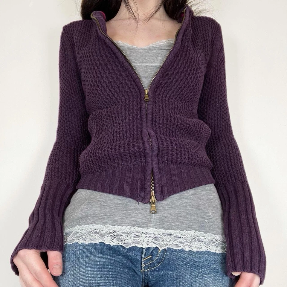 Y2K 2000s Tejido Cremallera Chaqueta Sudadera con Capucha Grunge Suéter American Eagle Talla Pequeña Foto 1 de 4