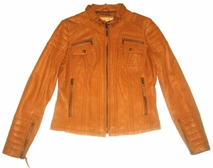 Damen Michael Kors leichte geschmeidige Butterscotch Leder Cafe Moto 6 Taschen Jacke M - Bild 1 von 7