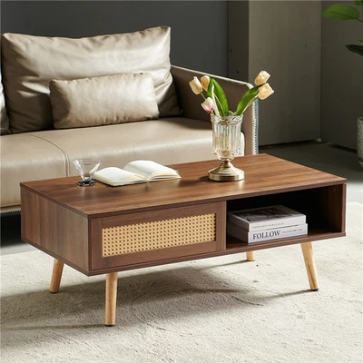 PE Rattan Coffee Table Rectangle Center Table Sliding Door Solid Wood Legs - Image 1 of 4