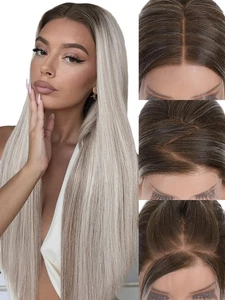 13x4 HD Lace Front Wig,28" Ombre Wig Ash Blonde with Brown Highlight Long Str... - Picture 1 of 8