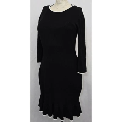 Vestido Suéter BCX Para Mujer S Tejido Negro Blanco Borde Manga 3/4 Volantes Carrera Foto 1 de 4