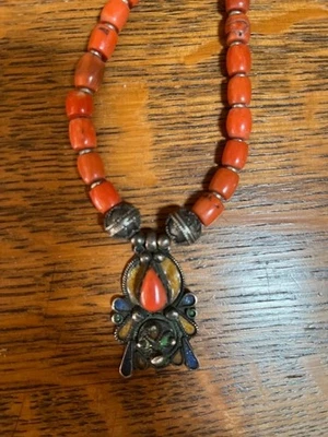 Vintage Natural Coral Enamel Silver Morroccan Necklace - Image 1 of 4