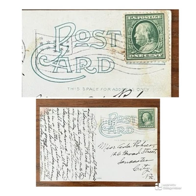 US Stamp 1 Cent Franklin Bluish Green Flag Cancel 1911 Lancaster PA Postcard - Image 1 of 4