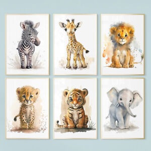 Set of 6 Nursery Animal Prints Elephant Lion Zebra Wall Art Baby Kids Room Decor