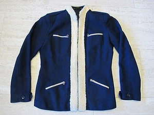 Vintage 100% Wool Fitted Stylish Woman's Coat Jacket Dark Navy Blue Cream Trim - Picture 1 of 12