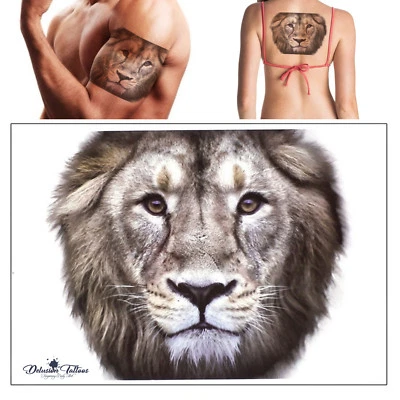 DELUSION TATTOOS Löwe Temporäres Tattoo Transfer 3D Farbe Wasserdicht Körperkunst Arm Herren Damen UK