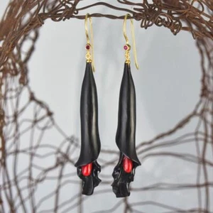 Flower Earrings Negro Cuerno, Rojo Coral, Rubí & Oro Vermeil Plata de Ley 5.97g - Imagen 1 de 14