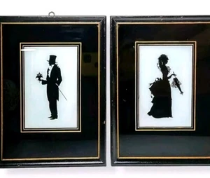Vintage Silhouette Print Framed Victorian Man Woman Black White Gold 10"X7" - Picture 1 of 13