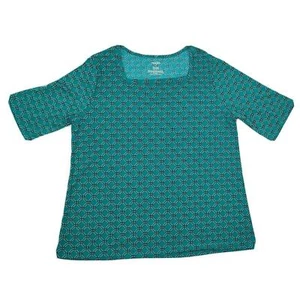 East 5th Women's Teal Short Sleeve Top Size Large Geometric Design Black & White - Picture 1 of 5