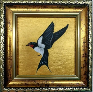 Small painting Swallow  Bird oil painting Small Gold Art Frame Artwork Gift - Picture 1 of 10