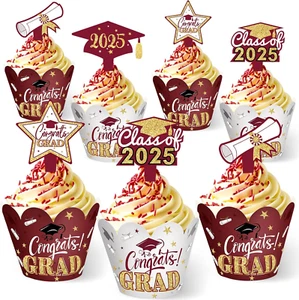 96 Pieces 2025 Graduation Cupcake Toppers Wrappers Congrats Grad Cake Decoration - Picture 1 of 7