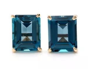 6.00 Carats Natural London Blue Topaz 14K Solid Yellow Gold Stud Earrings - Picture 1 of 5