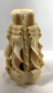 Hand Carved Ribbon Wax Pillar Candle Vintage 1970's Retro 8"  - Picture 1 of 3