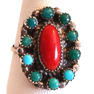 Native American Turquoise Coral Petit Point Cluster Ring s6.5 (1315) - Picture 1 of 6