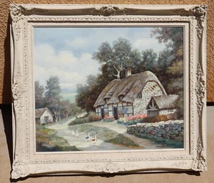 DOMINA Ducks by an English Thatched Cottage in the Country Vintage oil painting - Picture 1 of 6