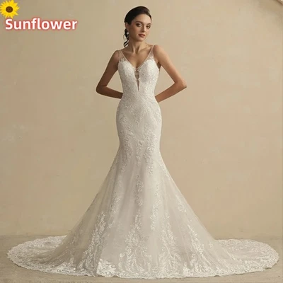 Elegantes vestidos de noiva sereia gola V sem mangas apliques de renda vestidos de noiva - Imagem 1 de 4