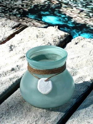 Light Green Sea Glass Vase with Real Florida Sand Dollar on a Nautical Jute Rope - Image 1 of 3