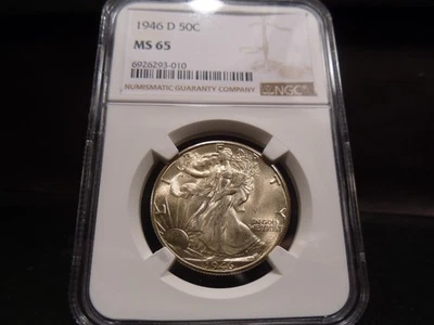 Meio dólar 1946-D MS65 Liberty Walking gema com certificação NGC - tom branco/ouro fraco - Imagem 1 de 4
