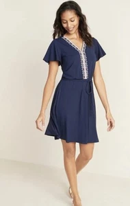 Abito donna Old Navy vita definita ricamata cravatta cintura jersey blu navy taglia XL - Foto 1 di 9