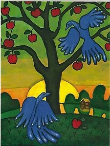 8x10 FOLK ART PRINT OF PAINTING RYTA BLUEBIRD APPLE HOUSE farm landscape country - Picture 1 of 1