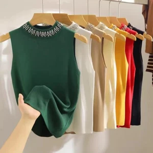 Lady Sleeveless Sweater Knitted Beaded Vest Mock Neck Tank Top Slim Blouse Basic - Picture 1 of 17
