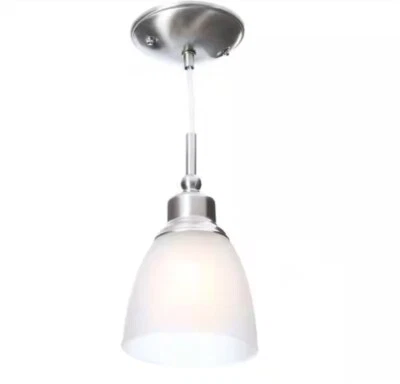 NEW Hampton Bay Riverbrook 1-Light Brushed Nickel Mini Pendant Frosted White - Image 1 of 4